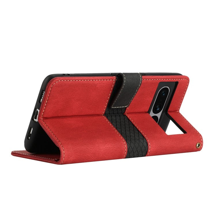 For Google Pixel 7 Pro 5G Grid Splicing Wallet Flip Case PU Leather Magnetic Closure Stand Phone Cover with Strap - Red