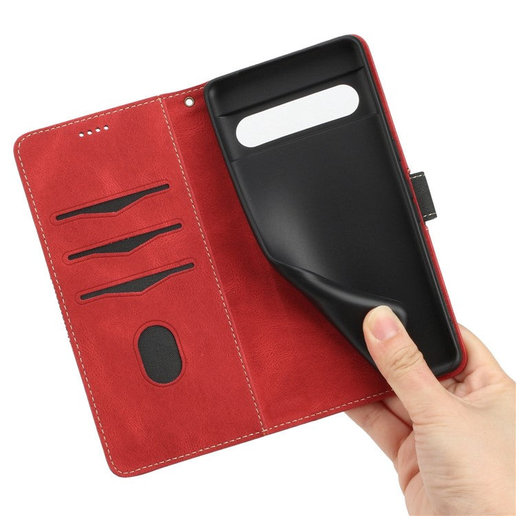For Google Pixel 7 Pro 5G Grid Splicing Wallet Flip Case PU Leather Magnetic Closure Stand Phone Cover with Strap - Red