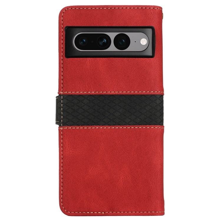 For Google Pixel 7 Pro 5G Grid Splicing Wallet Flip Case PU Leather Magnetic Closure Stand Phone Cover with Strap - Red
