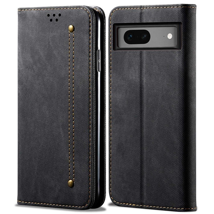 For Google Pixel 7 5G Jeans Cloth Texture PU Leather Wallet Phone Case Stand Magnetic Auto-absorbed Protective Cover - Black