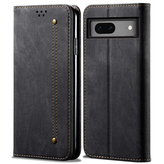 For Google Pixel 7 5G Jeans Cloth Texture PU Leather Wallet Phone Case Stand Magnetic Auto-absorbed Protective Cover - Black
