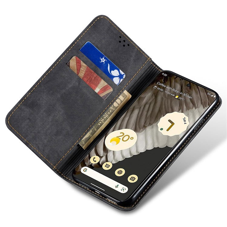For Google Pixel 7 5G Jeans Cloth Texture PU Leather Wallet Phone Case Stand Magnetic Auto-absorbed Protective Cover - Black