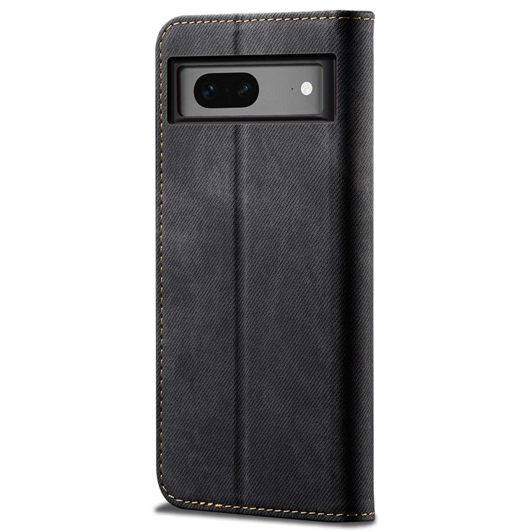 For Google Pixel 7 5G Jeans Cloth Texture PU Leather Wallet Phone Case Stand Magnetic Auto-absorbed Protective Cover - Black