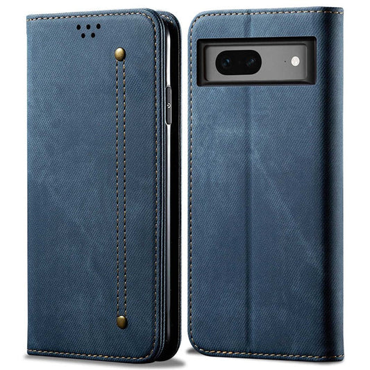 For Google Pixel 7 5G Jeans Cloth Texture PU Leather Wallet Phone Case Stand Magnetic Auto-absorbed Protective Cover - Blue