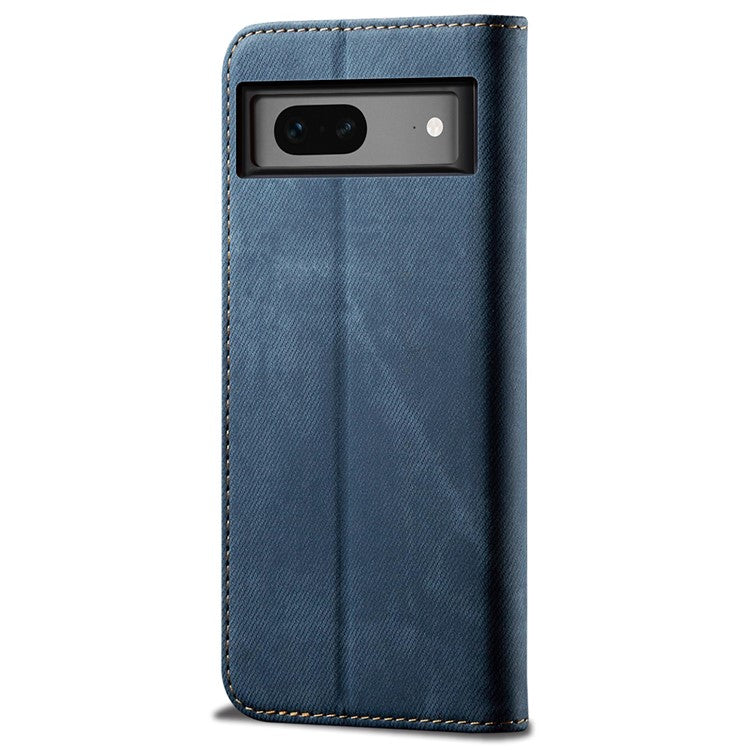 For Google Pixel 7 5G Jeans Cloth Texture PU Leather Wallet Phone Case Stand Magnetic Auto-absorbed Protective Cover - Blue