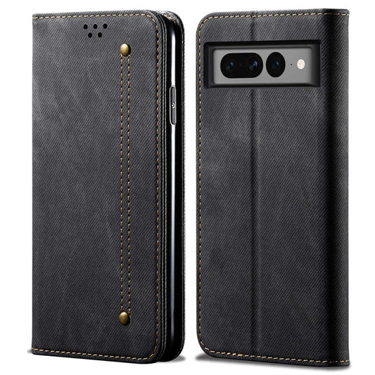 For Google Pixel 7 Pro 5G Jeans Cloth Texture PU Leather Phone Case Stand Magnetic Absorption Wallet Flip Cover - Black