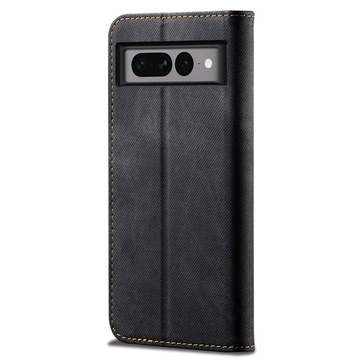 For Google Pixel 7 Pro 5G Jeans Cloth Texture PU Leather Phone Case Stand Magnetic Absorption Wallet Flip Cover - Black