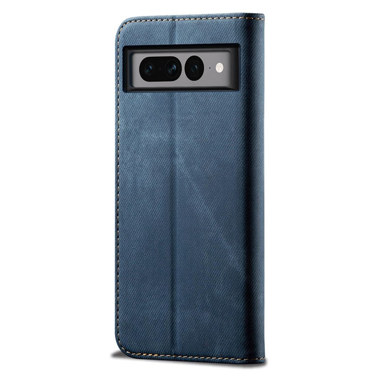 For Google Pixel 7 Pro 5G Jeans Cloth Texture PU Leather Phone Case Stand Magnetic Absorption Wallet Flip Cover - Blue