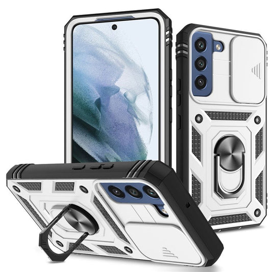 For Samsung Galaxy S21 FE 5G Anti-scratch Phone Case Card Holder with Sliding Camera Lid Kickstand PC+TPU Protective Back Cover - Black  /  White