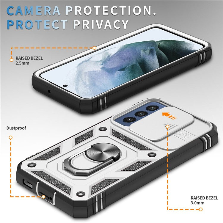 For Samsung Galaxy S21 FE 5G Anti-scratch Phone Case Card Holder with Sliding Camera Lid Kickstand PC+TPU Protective Back Cover - Black  /  White