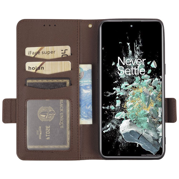 Litchi Texture Phone Case for OnePlus 10T 5G / Ace Pro 5G, Stand Wallet PU Leather Magnetic Clasp Folio Flip Protective Cover - Brown