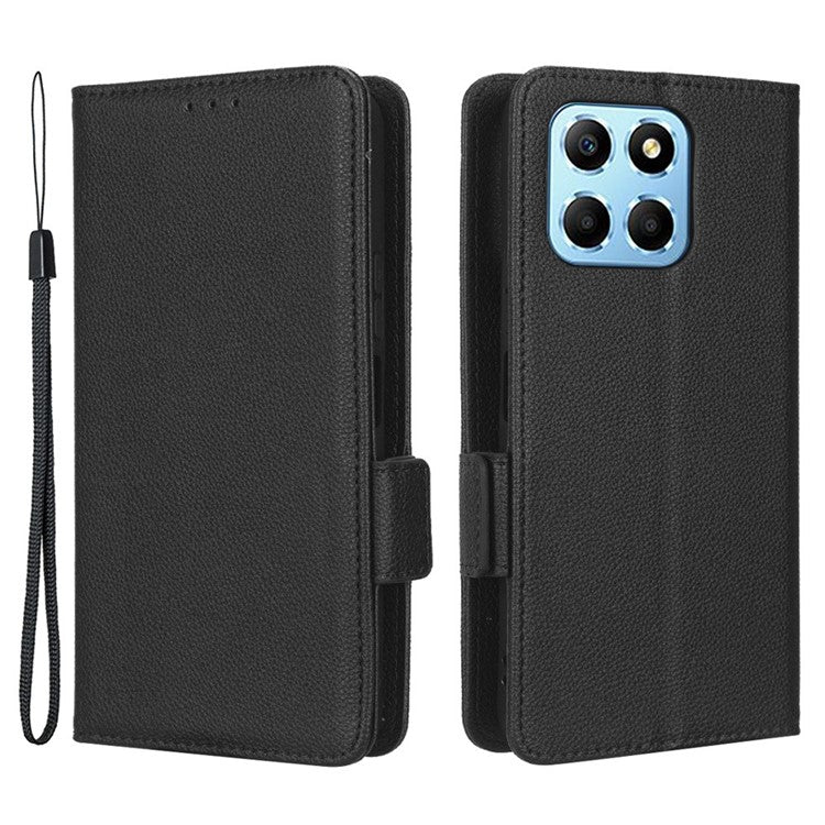 Anti-drop Litchi Texture Phone Cover for Honor 70 Lite 5G / X6 4G / Honor Play6C / X8 5G PU Leather Dual Magnetic Clasp Flip Wallet Case - Black