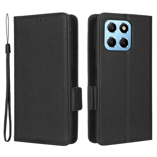 Anti-drop Litchi Texture Phone Cover for Honor 70 Lite 5G / X6 4G / Honor Play6C / X8 5G PU Leather Dual Magnetic Clasp Flip Wallet Case - Black