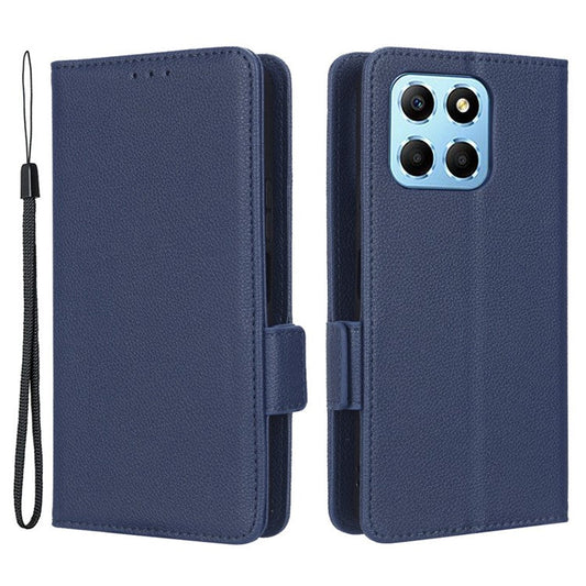 Anti-drop Litchi Texture Phone Cover for Honor 70 Lite 5G / X6 4G / Honor Play6C / X8 5G PU Leather Dual Magnetic Clasp Flip Wallet Case - Dark Blue