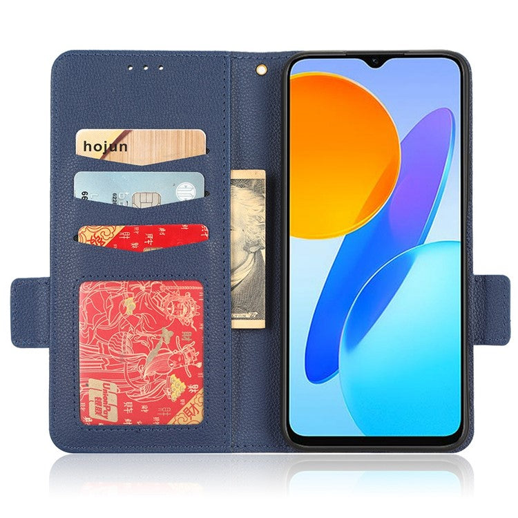 Anti-drop Litchi Texture Phone Cover for Honor 70 Lite 5G / X6 4G / Honor Play6C / X8 5G PU Leather Dual Magnetic Clasp Flip Wallet Case - Dark Blue