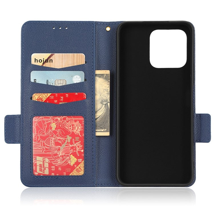Anti-drop Litchi Texture Phone Cover for Honor 70 Lite 5G / X6 4G / Honor Play6C / X8 5G PU Leather Dual Magnetic Clasp Flip Wallet Case - Dark Blue