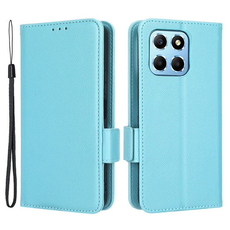 Anti-drop Litchi Texture Phone Cover for Honor 70 Lite 5G / X6 4G / Honor Play6C / X8 5G PU Leather Dual Magnetic Clasp Flip Wallet Case - Baby Blue