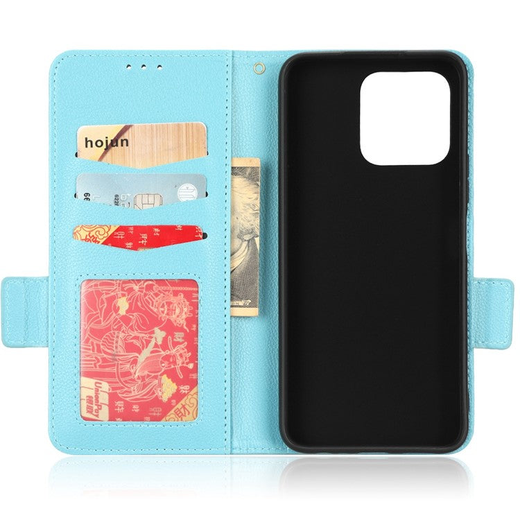 Anti-drop Litchi Texture Phone Cover for Honor 70 Lite 5G / X6 4G / Honor Play6C / X8 5G PU Leather Dual Magnetic Clasp Flip Wallet Case - Baby Blue