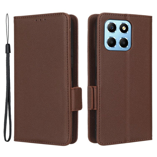 Anti-drop Litchi Texture Phone Cover for Honor 70 Lite 5G / X6 4G / Honor Play6C / X8 5G PU Leather Dual Magnetic Clasp Flip Wallet Case - Brown