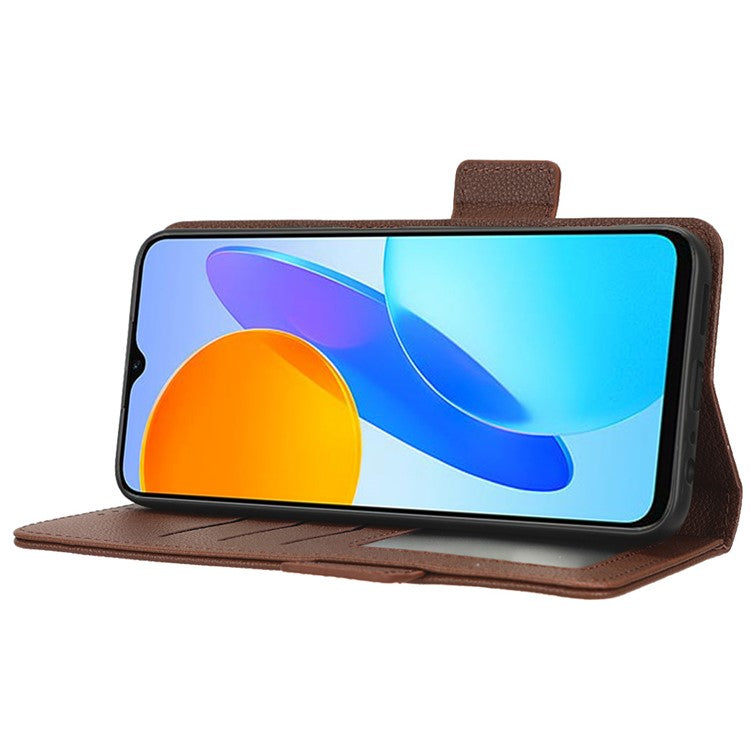 Anti-drop Litchi Texture Phone Cover for Honor 70 Lite 5G / X6 4G / Honor Play6C / X8 5G PU Leather Dual Magnetic Clasp Flip Wallet Case - Brown