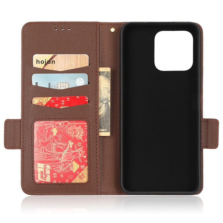 Anti-drop Litchi Texture Phone Cover for Honor 70 Lite 5G / X6 4G / Honor Play6C / X8 5G PU Leather Dual Magnetic Clasp Flip Wallet Case - Brown