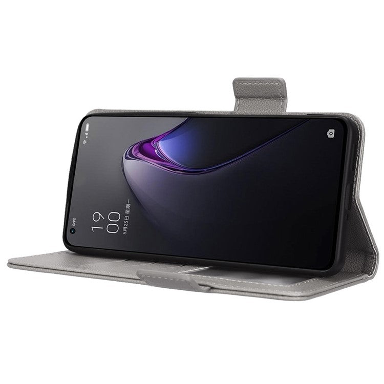 PU Leather Magnetic Clasp Phone Case For Oppo Reno8 5G (Global Version) Litchi Texture Protective Phone Cover with Stand Wallet - Grey