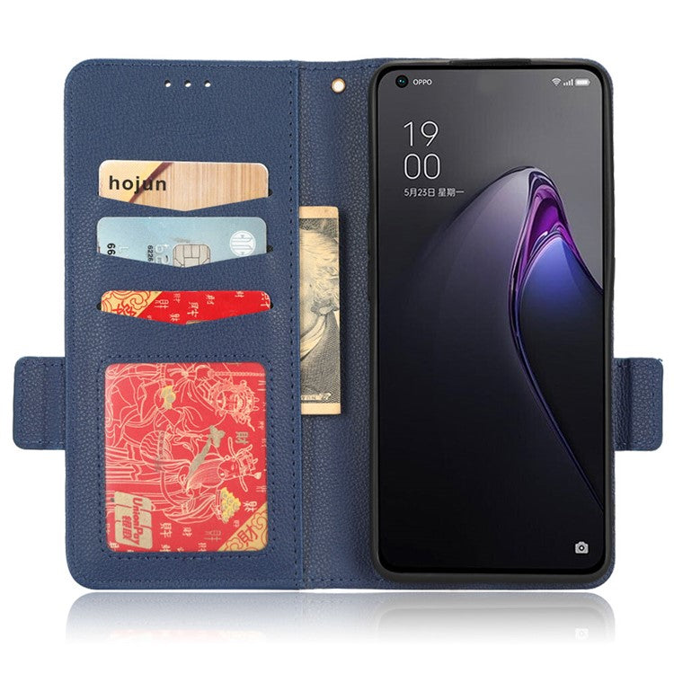 PU Leather Magnetic Clasp Phone Case For Oppo Reno8 5G (Global Version) Litchi Texture Protective Phone Cover with Stand Wallet - Dark Blue