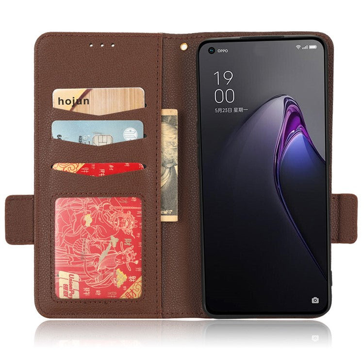 PU Leather Magnetic Clasp Phone Case For Oppo Reno8 5G (Global Version) Litchi Texture Protective Phone Cover with Stand Wallet - Brown