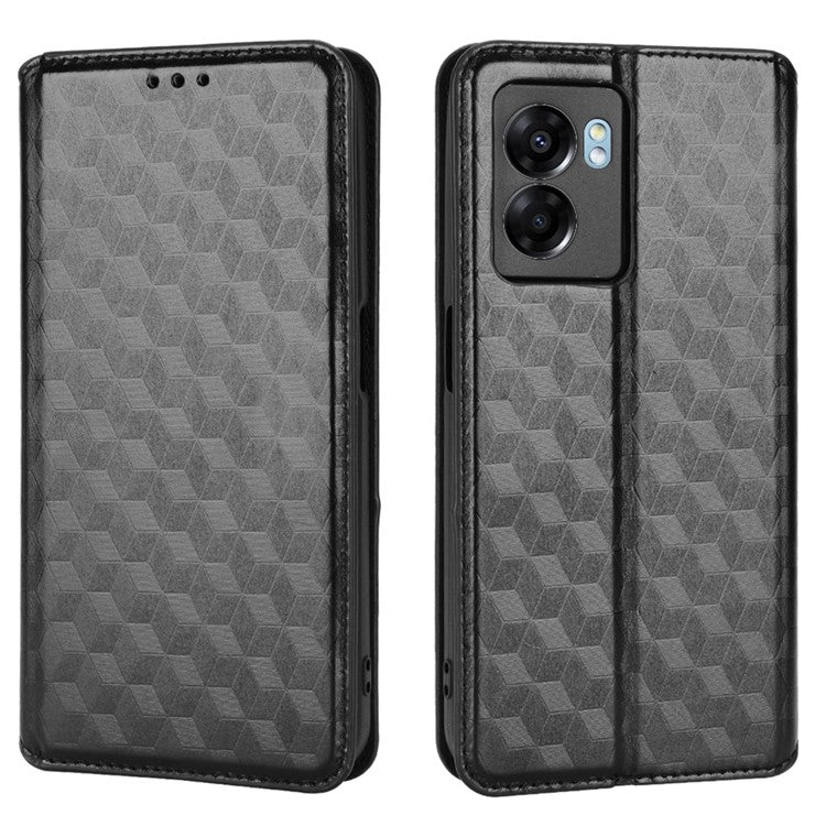 For OnePlus Nord N300 5G Rhombus Pattern Imprinted Magnetic Closure Stand Cover PU Leather Flip Wallet Phone Case - Black