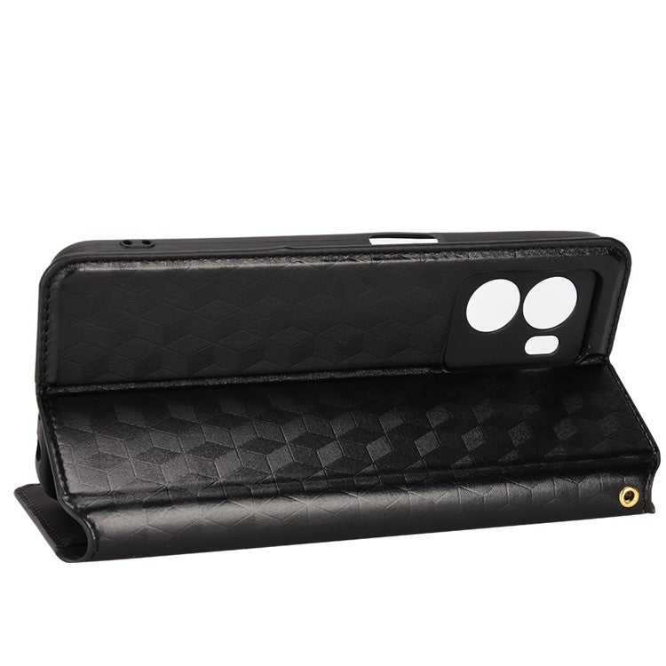 For OnePlus Nord N300 5G Rhombus Pattern Imprinted Magnetic Closure Stand Cover PU Leather Flip Wallet Phone Case - Black