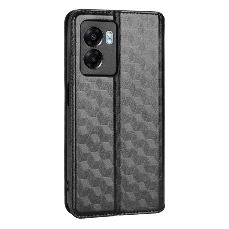 For OnePlus Nord N300 5G Rhombus Pattern Imprinted Magnetic Closure Stand Cover PU Leather Flip Wallet Phone Case - Black