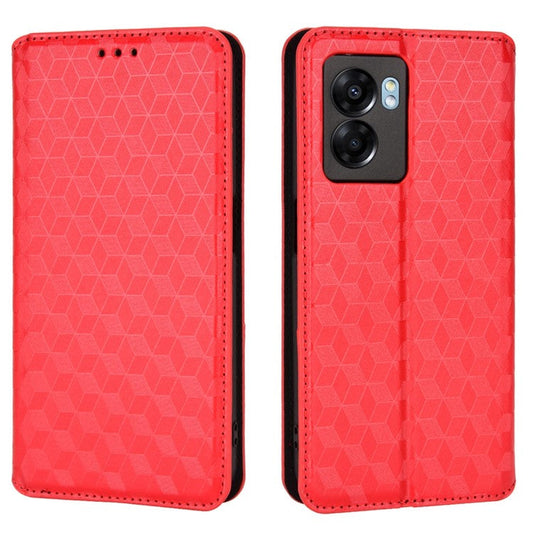 For OnePlus Nord N300 5G Rhombus Pattern Imprinted Magnetic Closure Stand Cover PU Leather Flip Wallet Phone Case - Red