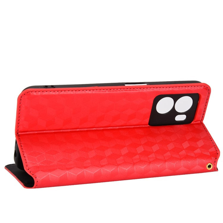 For OnePlus Nord N300 5G Rhombus Pattern Imprinted Magnetic Closure Stand Cover PU Leather Flip Wallet Phone Case - Red