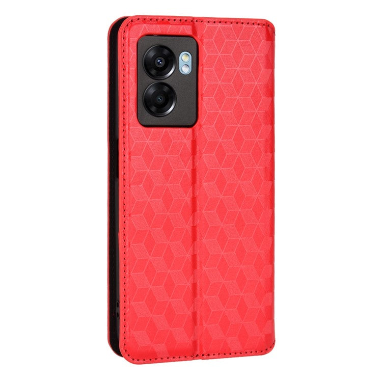For OnePlus Nord N300 5G Rhombus Pattern Imprinted Magnetic Closure Stand Cover PU Leather Flip Wallet Phone Case - Red