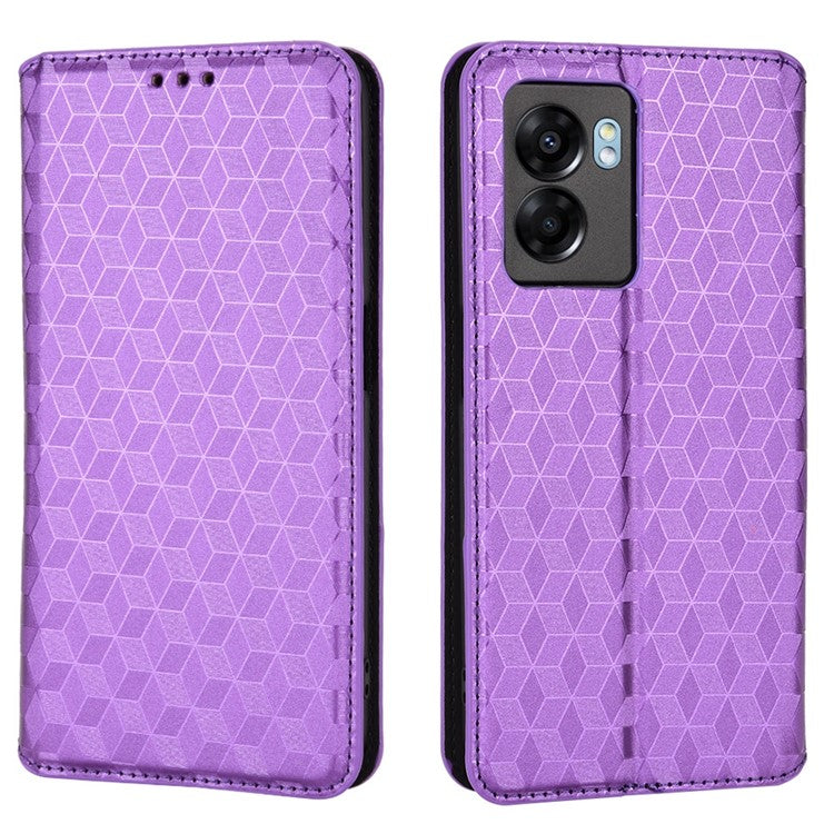 For OnePlus Nord N300 5G Rhombus Pattern Imprinted Magnetic Closure Stand Cover PU Leather Flip Wallet Phone Case - Purple