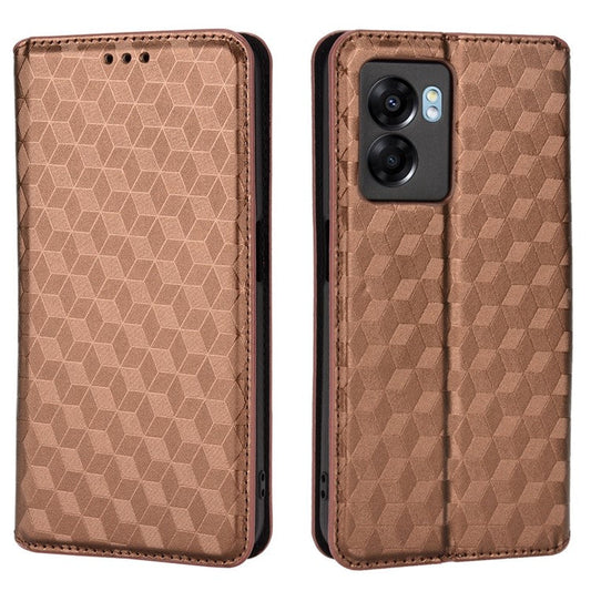 For OnePlus Nord N300 5G Rhombus Pattern Imprinted Magnetic Closure Stand Cover PU Leather Flip Wallet Phone Case - Brown
