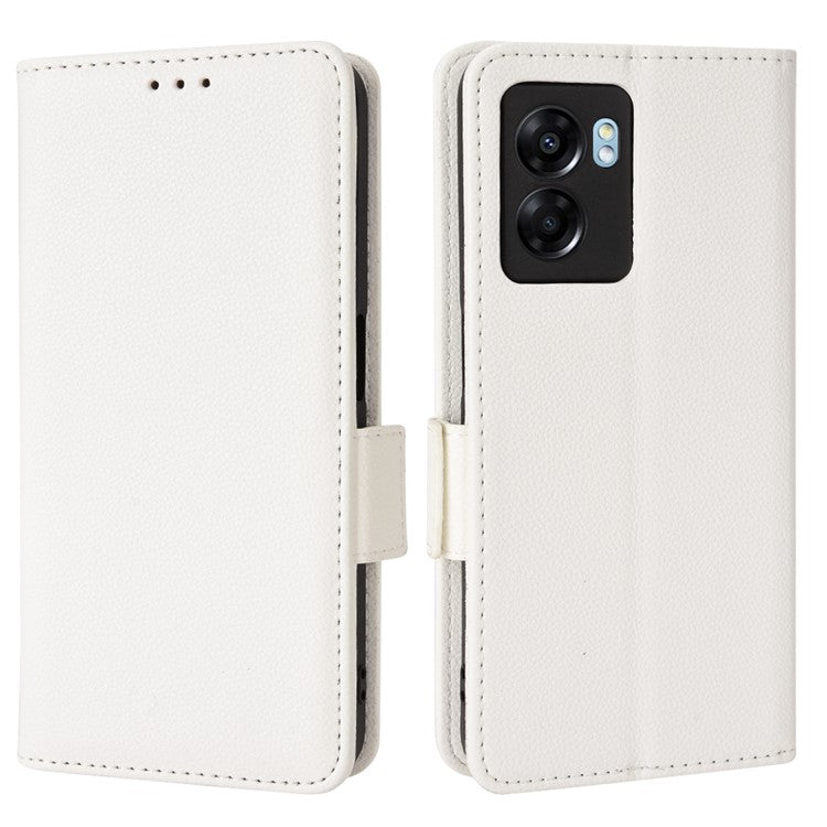 For OnePlus Nord N300 5G Cell Phone Cover Litchi Texture TPU+PU Leather Stand Wallet Case with Side Magnetic Clasps - White