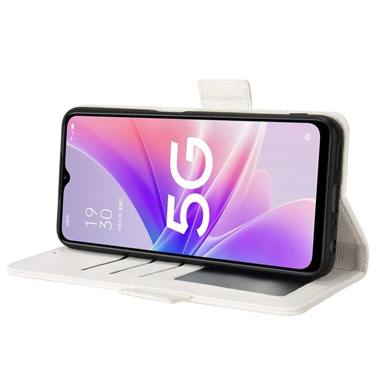 For OnePlus Nord N300 5G Cell Phone Cover Litchi Texture TPU+PU Leather Stand Wallet Case with Side Magnetic Clasps - White