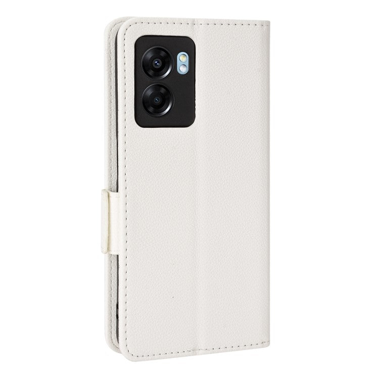 For OnePlus Nord N300 5G Cell Phone Cover Litchi Texture TPU+PU Leather Stand Wallet Case with Side Magnetic Clasps - White