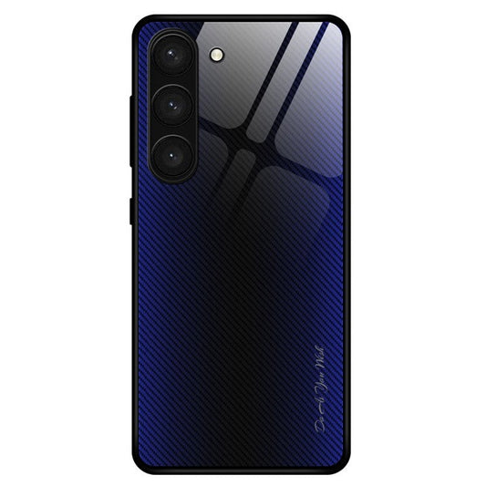 For Samsung Galaxy S23 Phone Case Carbon Fiber Texture Slim Case Tempered Glass+TPU Anti-Drop Phone Cover - Dark Blue