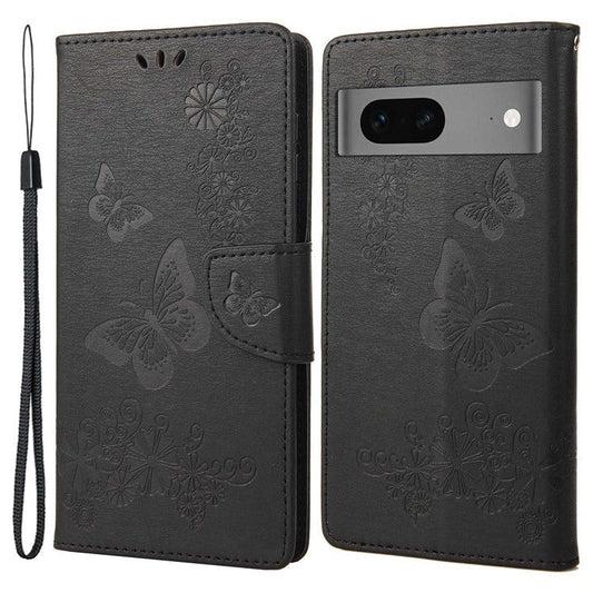 For Google Pixel 7 5G Butterflies Flower Imprinting PU Leather Cover Stand Wallet Magnetic Clasp Shockproof Case - Black