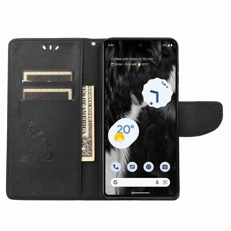 For Google Pixel 7 5G Butterflies Flower Imprinting PU Leather Cover Stand Wallet Magnetic Clasp Shockproof Case - Black