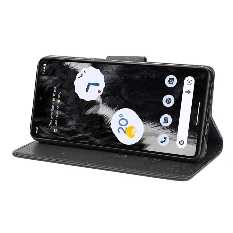 For Google Pixel 7 5G Butterflies Flower Imprinting PU Leather Cover Stand Wallet Magnetic Clasp Shockproof Case - Black
