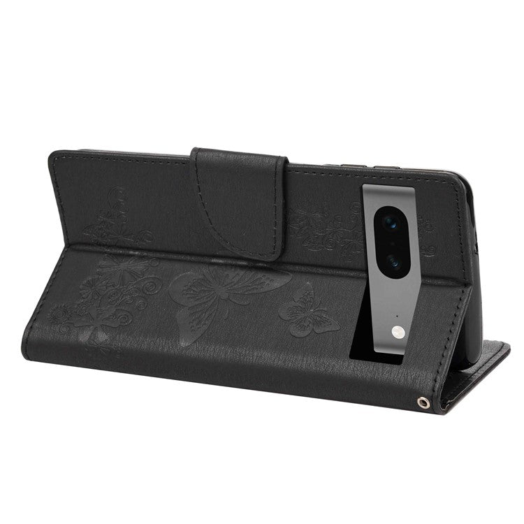 For Google Pixel 7 5G Butterflies Flower Imprinting PU Leather Cover Stand Wallet Magnetic Clasp Shockproof Case - Black
