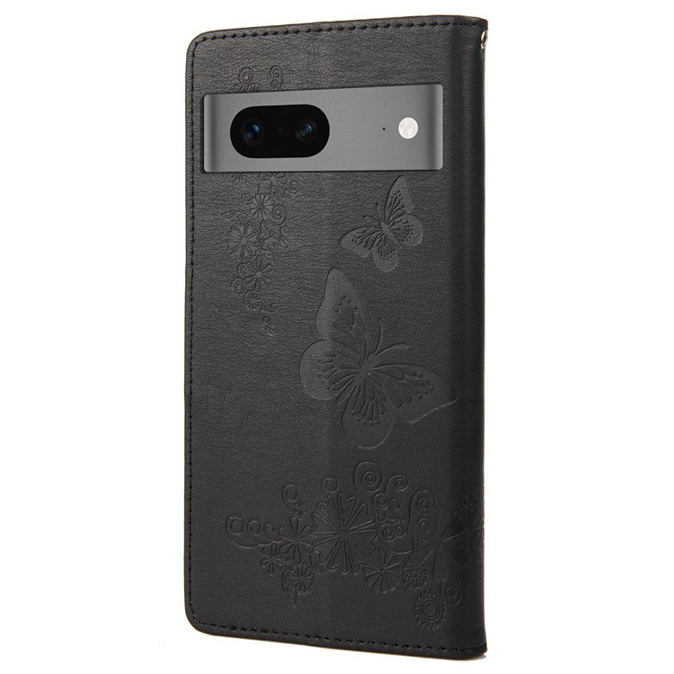 For Google Pixel 7 5G Butterflies Flower Imprinting PU Leather Cover Stand Wallet Magnetic Clasp Shockproof Case - Black