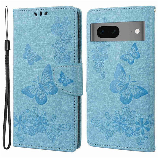 For Google Pixel 7 5G Butterflies Flower Imprinting PU Leather Cover Stand Wallet Magnetic Clasp Shockproof Case - Blue