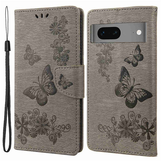 For Google Pixel 7 5G Butterflies Flower Imprinting PU Leather Cover Stand Wallet Magnetic Clasp Shockproof Case - Grey