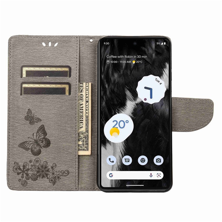 For Google Pixel 7 5G Butterflies Flower Imprinting PU Leather Cover Stand Wallet Magnetic Clasp Shockproof Case - Grey
