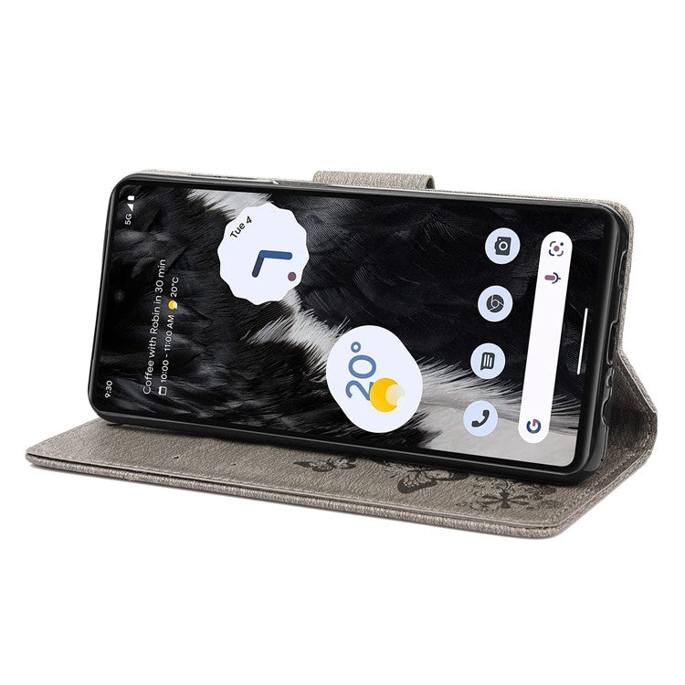 For Google Pixel 7 5G Butterflies Flower Imprinting PU Leather Cover Stand Wallet Magnetic Clasp Shockproof Case - Grey