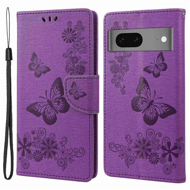 For Google Pixel 7 5G Butterflies Flower Imprinting PU Leather Cover Stand Wallet Magnetic Clasp Shockproof Case - Purple